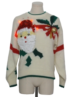 1980's Unisex Red Lightup Hand Embellished Ugly Christmas Vintage Sweater