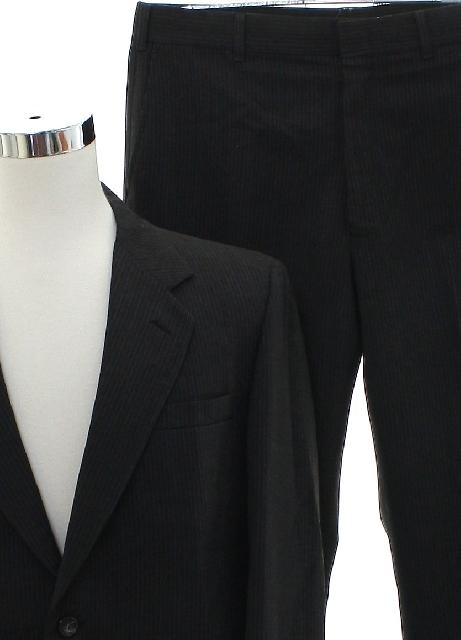 1980's Suit (Kuppenheimer): 80s -Kuppenheimer- Mens two piece totally 80s suit with charcoal heather background, blue, red, gray pinstriped wool gabardine jacket with medium width notched lapels, two buttons, flapped inset pockets, 1980's Suit (Kuppenheimer): 80s -Kuppenheimer- Mens two piece totally 80s suit with charcoal heather background, blue, red, gray pinstriped wool gabardine jacket with medium width notched lapels, two buttons, flapped inset pockets,