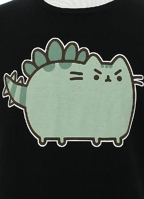 T Shirt 90s 2010 or later Pusheen Unisex black backgroundcotton jersey knit with celedon greens white and brown cartoon cat with dinosaur scales on back and tail printed on front plain on