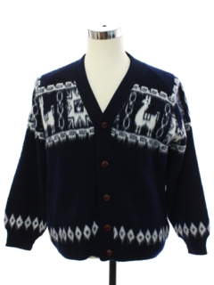 1970's Mens Shaggy Llama Themed Cardigan Sweater