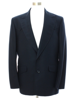 1970's Mens Midnight Blue Pinstriped Western Disco Blazer Sport Coat Jacket