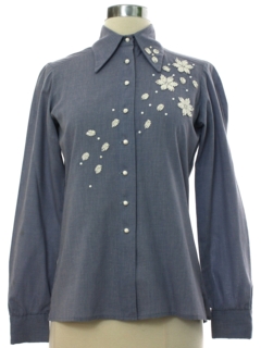 1970's Womens Chambray Embroidered Snowflake Hippie Shirt