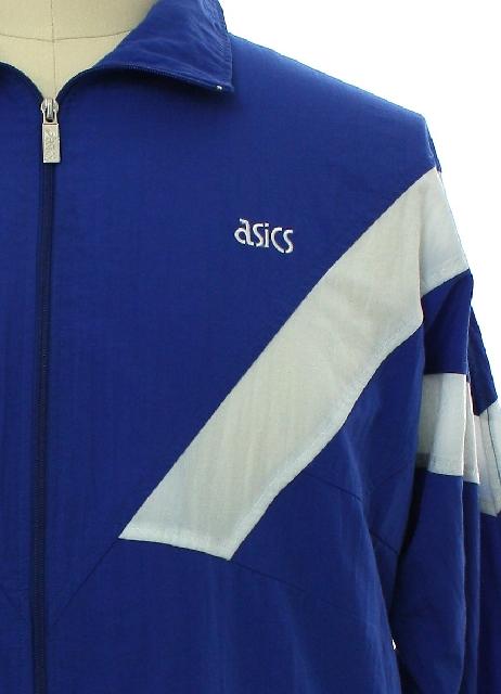 Jacket: 90s -Asics- Mens blue and white background nylon Jacket: 90s -Asics- Mens blue and white background nylon