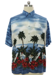 OCEAN FACIFIC Hawaii Rayon Silk Shirt Xlarge Vintage 1990s Hawaiian Japanese Floral Mountain Scenery Buttondown Oxford Shirt Size XL