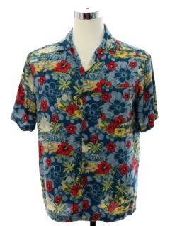 1990's Mens Disney Donald Duck and Pluto Print Rayon Hawaiian Shirt