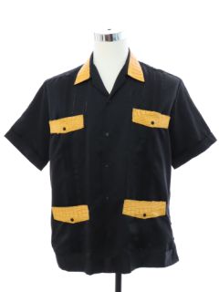 1980's Mens Armadillo Leather Trimmed Guayabera Shirt