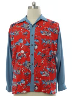 1950's Mens Custom Old West Gabardine Print Sport Shirt