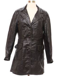1970's Womens Black Leather Trench Coat Jacket