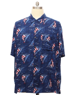 1990's Mens Patriotic Sailboat Graphic Print Rayon Shirt