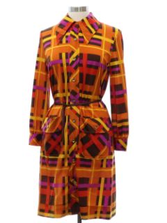1970's Womens Qiana Jacky O Geometric Mod Knit Dress