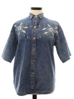 1980's Womens Totally 80s Look Bedazzled Acid Washed Denim Shirt