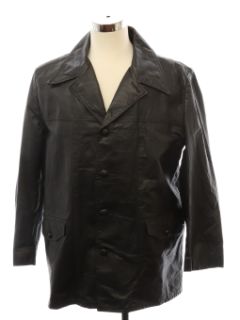 1970's Mens Black Mod Leather Car Coat Jacket