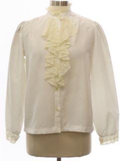 1970's Womens Edwardian Prairie Style Ruffled Front Secretary Shirt