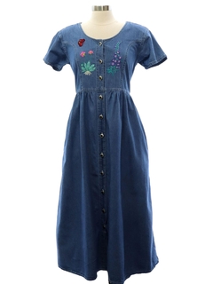 1990's Womens Denim Embroidered Hippie Maxi Dress
