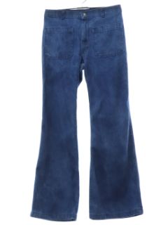 1970's Unisex Grunge Marble Fade Seafarer Navy Denim Bellbottoms Jeans Pants