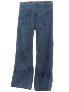 1970's Unisex Navdungaree Grunge Marble Fade Seafarer Navy Denim Bellbottoms Jeans Pants