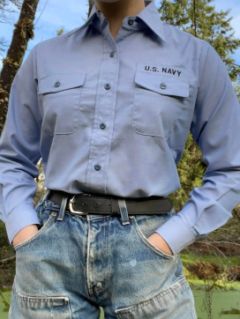 1990's Womens US Navy Military Uniform Chambray Work Shirt