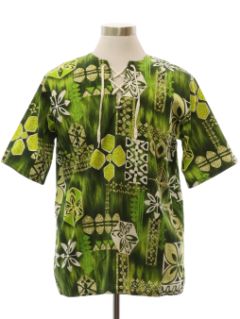1970's Mens Mod Pullover Barkcloth Hawaiian Shirt