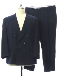 1980's Mens Alexander Julian Dark Blue Double Breasted Swing Style Suit