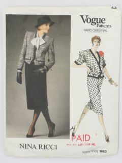 1980's Womens Vogue Paris Nina Ricci Large Format Designer Sewing Pattern