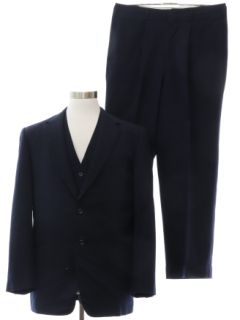 1980's Mens Herringbone Dark Blue Mod Wool Three Piece Suit
