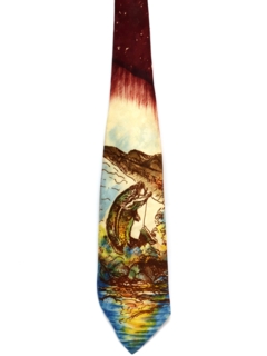 1940's Mens Regal Cravat Handpainted Fishing Theme Wide Swing Necktie
