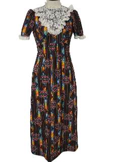 1960's Womens Freeport Fashions Knit Hippie Style Prairie Maxi Dress