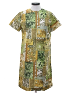 1970's Womens Mod Print Asian Inspired Silk Dress