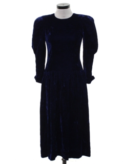 1980's Womens Dark Blue Crushed Velvet Totally 80s Princess Style Prom Or Cocktail Dress