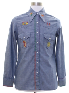 1970's Mens Wrangler Embroidered Chambray Western Hippie Shirt