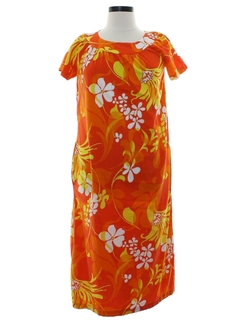 1960's Womens Mod A-Line Cotton Barkcloth Hawaiian Dress