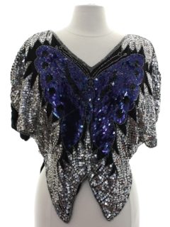 1980's Womens Totally 80s Butterfly Sequinned Cocktail Shirt