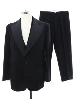 1970's Mens Black Wool Three Piece Tuxedo Suit